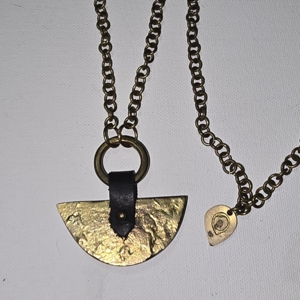 Vintage Modernist Retro Jewelry Heavy Brass and Leather Necklace Statement Mod